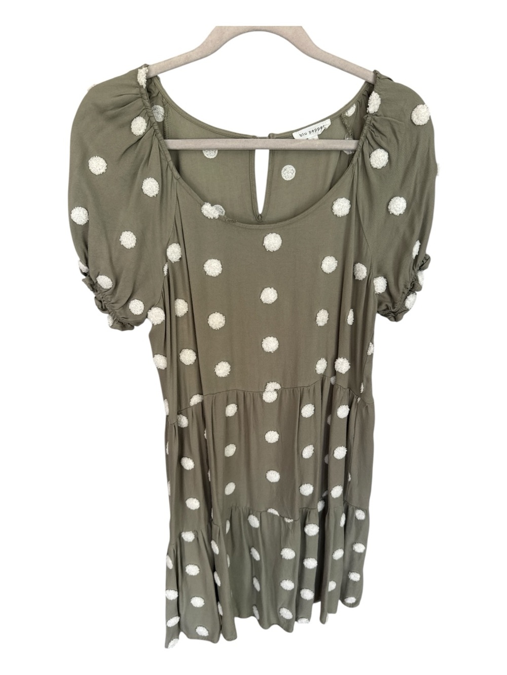 Blu Pepper Olive Green Polka Dot Puff Sleeve Top